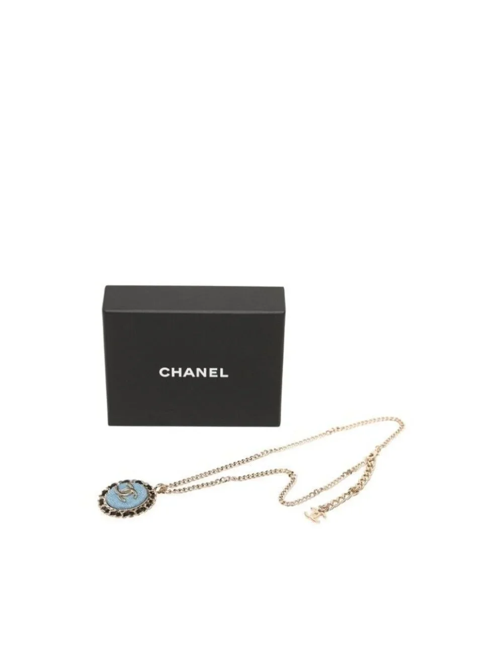 Chanel CC Logo Chain Necklace Gold Blue Black Plated Leather Denim